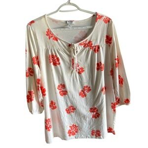 Old Navy Womens Boho Tie Front Floral T-Shirt White Orange 3/4 Sleeve Large